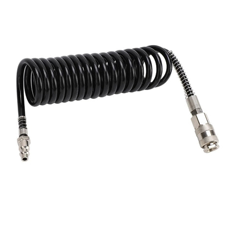 Hardcore Heavy Duty Coiled Air Hose 3 Meter Long Reinforced Premium Rubber Steel Build Resists Kinks Oils And Grease For Garage Shop Pneumatic Auto Repair Tasks Easy Flexibility Super Awesome For Mechanics And DIY Projects, black coiled hose with metal fittings