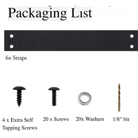 Beefed-Up Rugged Nylon Strap Kit For 500 590 Shockwave Series Six Pack packaging list with screws, washers, and drill bit.
