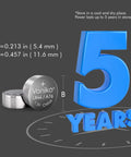 No Fuss No Muss Heavy Duty Performance Lr44 Ag13 Batteries 20 Pack with specs showing size and power duration up to 5 years.
