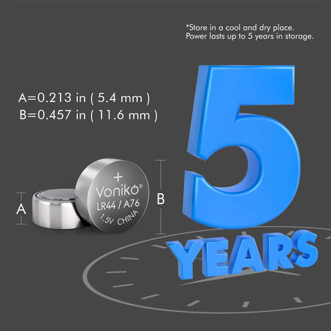 No Fuss No Muss Heavy Duty Performance Lr44 Ag13 Batteries 20 Pack with specs showing size and power duration up to 5 years.
