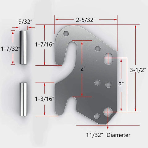 Universal Wood Bed Rail Hook Plates 3.8x2.3 inches with precise measurements, metal connectors for bed frames.