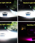Spot Lighting Led Floodlight Rechargeable 70W Portable Work Light with showcasing light modes: Low, Neutral, Strong, Red Blue Flash.