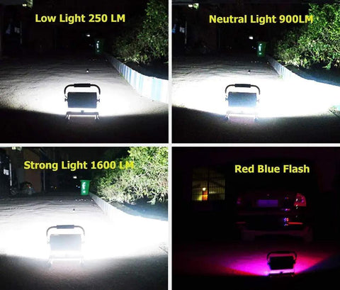 Spot Lighting Led Floodlight Rechargeable 70W Portable Work Light with showcasing light modes: Low, Neutral, Strong, Red Blue Flash.