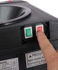 Close-up of control panel on triple temperature water dispenser with hot, cold, warm output and child lock.