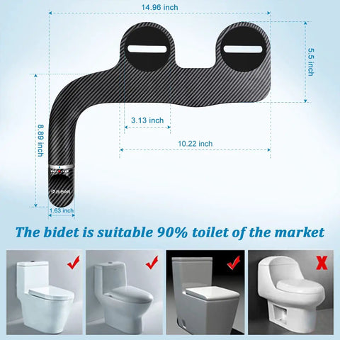 Ultra Slim Dual Nozzle Bidet Attachment For Toilet With Adjustable Water Pressure Non Electric Fresh Cold Water Seat Attachment For Feminine And Posterior Wash No Fuss Easy Install Black shown with dimensions and toilet compatibility diagram.