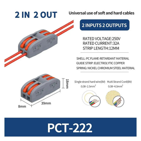 Kickstart Your Next Wiring Job With These Super Fast Push In Wire Connectors That Handle Solid And Stranded Cables Perfectly For Home Junctions. PCT-222 2-in 2-out connector, 39mm grey PC flame-retardant, 32A 250V