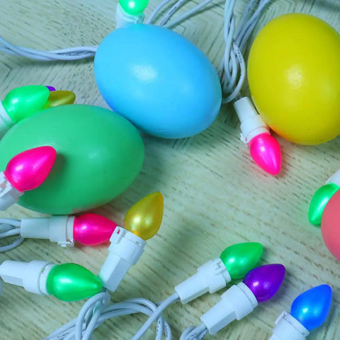 Easter LED String Lights 50 Count Glass C3 Bulbs Multi Color Pastel 120V End To End Connectable UL ETL Certified IP44 Outdoor White Wire