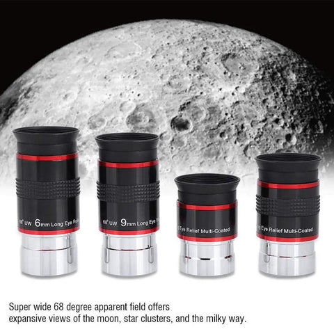 Ultra Wide Angle Long Eye Relief Eyepiece Kit For Telescopes 1.25 Inch 68 Degree Field Of View Four Piece Set 6mm 9mm 15mm 20mm