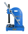 Heavy Duty Three Ton Arbor Press Featuring Wide Throat Opening Hella Robust Case Hardened Ram Adjustable Jaw Gap and Locking Four Position Die Plate, blue iron frame.