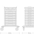 Dimensions of 248 Piece Tool Set In A Modular Stacking Tool Cart With Six-Drawer L-BOXX Compatible Organizer shown front and side.