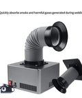 Heavy Duty Welding Fume Extractor Featuring Triple Layer Cotton Filtration And Flexible Rotating Hose For Crisp Shop Airflow At Your Soldering Station Setup Works Like A Champ, showing flexible hose and extraction unit.