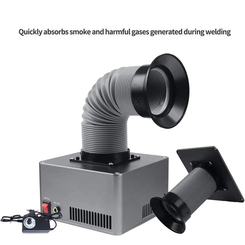 Heavy Duty Welding Fume Extractor Featuring Triple Layer Cotton Filtration And Flexible Rotating Hose For Crisp Shop Airflow At Your Soldering Station Setup Works Like A Champ, showing flexible hose and extraction unit.