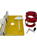 Rock Solid Manual Lifting Router System Kit Featuring A Heavy Duty Aluminum Table Insert Plate, including yellow base and red lift components.