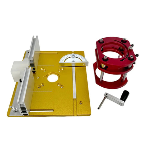 Rock Solid Manual Lifting Router System Kit Featuring A Heavy Duty Aluminum Table Insert Plate, including yellow base and red lift components.