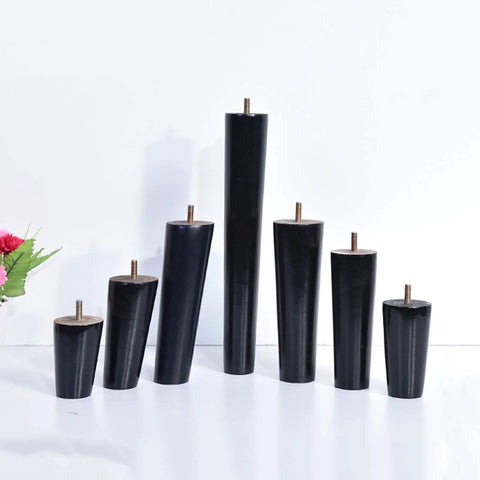 Heavy Duty Rubber Wood Furniture Legs 4 Pack, Sleek Black Tapered Cabinet Feet, various heights with M6 screws.