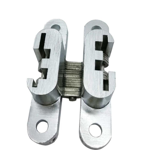 Invisible Concealed Cross Hinges For Wood And Metal Doors, Satin Nickel Finish, 59.8mm Leaf Height, 2 Pack, close-up view