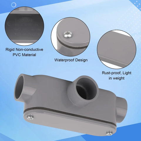 Four Pack Three Quarters Inch Rigid PVC Conduit Body Type T Slip X Slip With Cover And Gasket Gray for 90 Degree Turns