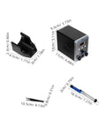 Pro Grade Digital Display Soldering Iron Station Kit With Hot Air Rework Bent Tip Tweezer And Solder Sucker shown with dimensions