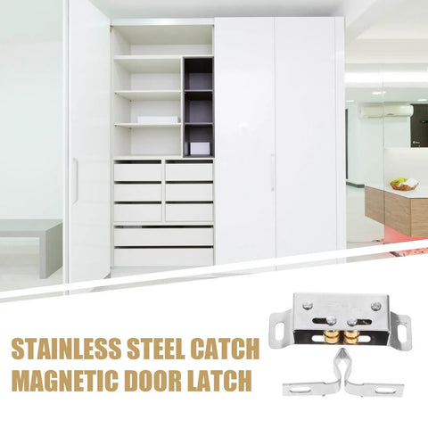 Stainless Steel Closet Door Ball Catch Set 10 Pairs Adjustable Latch next to open white closet with drawers and shelves