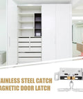 Stainless Steel Spring Ball Door Catch Latch With Noise Reduction for wardrobes, shown next to open wardrobe in office.