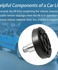 Close-up of a heavy-duty screw lift foot pad designed to keep vehicles level on auto hoists, featuring rubber top and steel shaft.