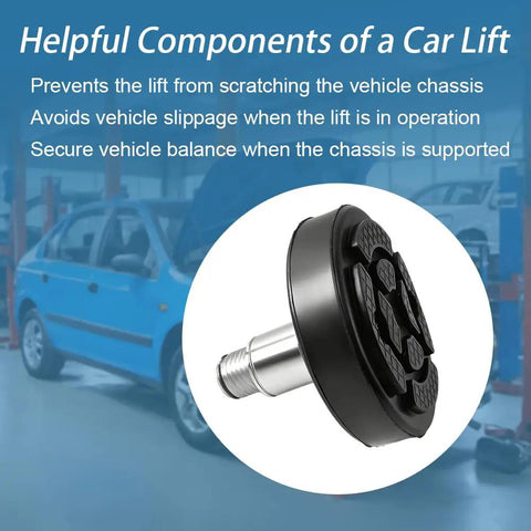 Close-up of a heavy-duty screw lift foot pad designed to keep vehicles level on auto hoists, featuring rubber top and steel shaft.