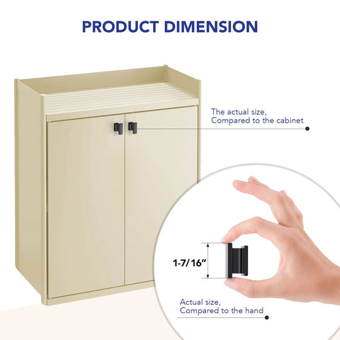 Matte Black Cabinet Knobs Set 10 Pack Durable Zinc Alloy Single Hole Cabinet Handles shown in scale with hand and cabinet