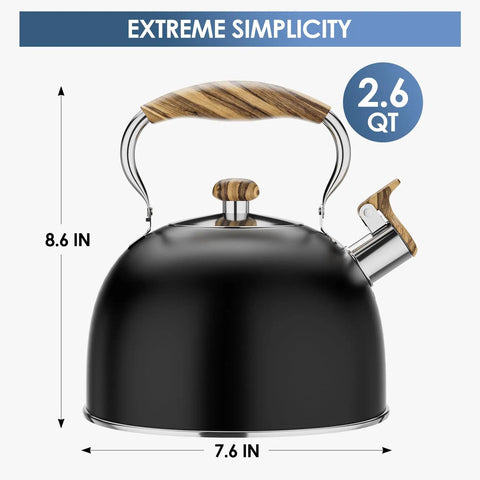 2.6 Quart Whistling Tea Kettle For Stovetop Black, Durable 304 Stainless Steel, Rust Resistant with ergonomic wood-like handle
