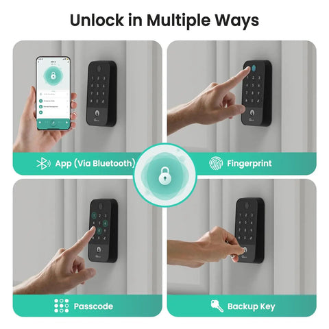 Smart Door Lock With WiFi And Bluetooth Gateway, No Keys Needed Keyless Entry With Code, Fingerprint And Keypad Deadbolt For Front Door, App Remote Control, Auto Lock, Easy Install In Minutes, Black showing unlock methods by app, fingerprint, passcode, backup key