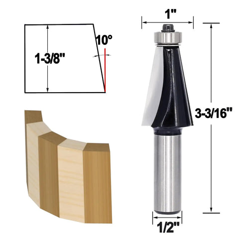 Chamfer Router Bit Half Inch Shank With Ten Degree Carbide Two Flute Edge Bevel Cutter For Miter Joints Pro Grade Durable C3 Material For Fast Cuts And Smooth Finishes, dimensions displayed.