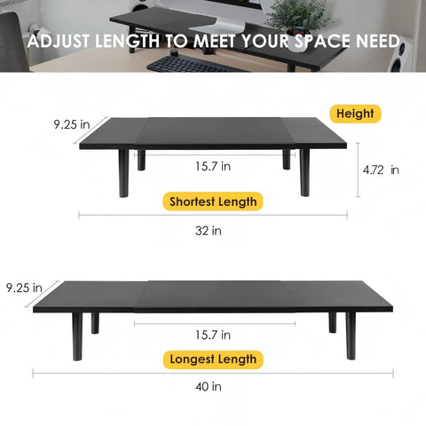 Dual Monitor Stand Riser For Desk With Adjustable Length 32 To 40 Inches Space Saving Desk Shelf Organizer For Two Screen Setup Large Monitor Riser Stand For Computer Laptop PC Printer TV Black, shown in adjustable lengths.