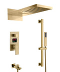 Built Tough 22 Inch LED Shower System With Bluetooth Audio And Digital Thermostat featuring rainfall showerhead and handheld in antique brass.
