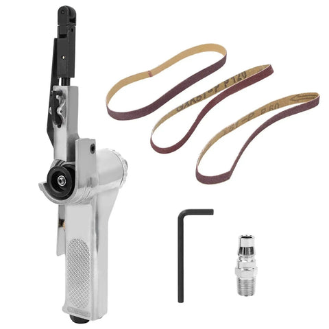 Heavy Duty Pneumatic Air Belt Sander With Three Abrasive Strips And Hex Wrench, 3 belts, metal body, air-powered tools.