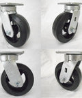 Bulletproof Heavy Duty Swivel Casters Kingpinless Design Smooth Roll Rubber On Steel Wheels Handles 550 Lbs Per Unit Four Pack with black rubber wheels and steel frames.