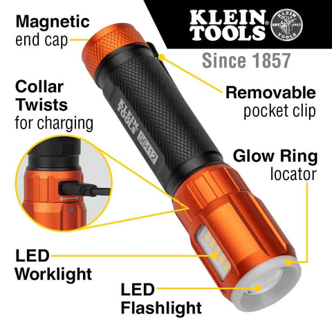 Rechargeable LED Flashlight With Flood Light 500 Lumens USB C Rechargeable Magnetic End Cap Pocket Clip Hands Free Worklight With All Day Runtime Up To Ten Hours Two FL1 Modes And On The Go Flood Beam For Pro Jobs with labeled features