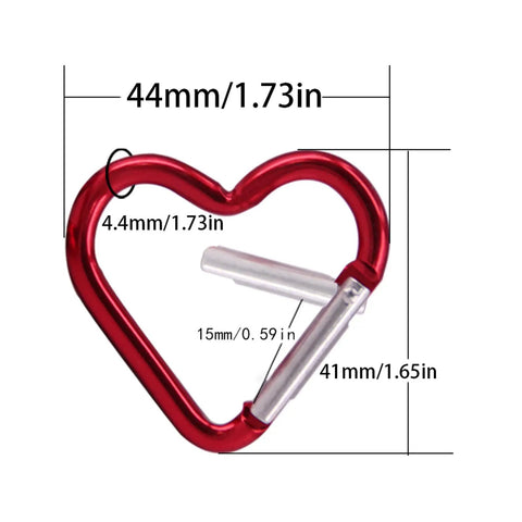 Heart Shaped Carabiner Clip Made From Aluminum Alloy for Keychains and Gear Heavy Duty Lightweight Spring Snap Hook with measurements