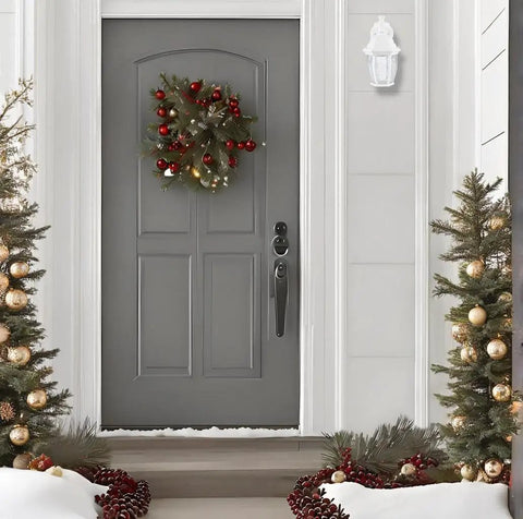Front door with wreath, flanked by trees, featuring Dusk To Dawn Outdoor Wall Lights Two Pack With Aluminum Housing And Clear Glass.