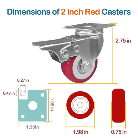 Front view of 2-inch red caster wheel with brake and mounting plate