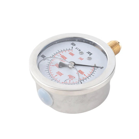 Pro Grade 0-400 Bar 0-5800 PSI Dial Hydraulic Pressure Gauge with G1 Quarter Thread and 63mm Dual Scale Dial in metal casing.