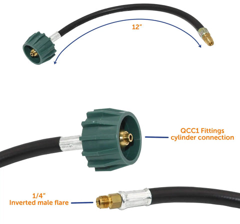 2-Stage Auto Changeover Propane Regulator With 12-Inch Pigtails for RVs, showing QCC1 fittings and inverted male flare.