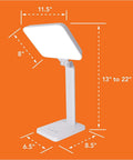 10000 Lux Therapy Lamp For Mood And Energy Boost with adjustable brightness and four settings, white base with size dimensions