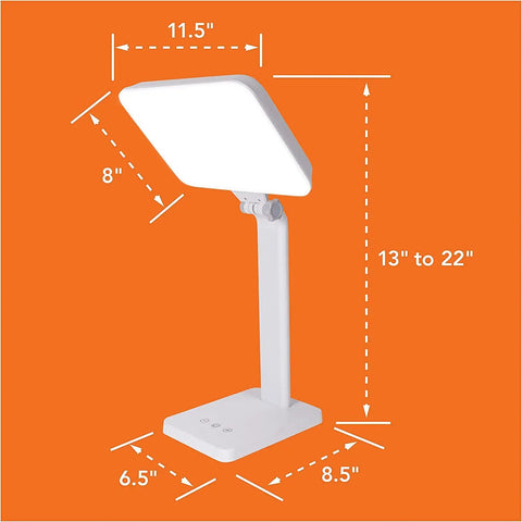 10000 Lux Therapy Lamp For Mood And Energy Boost with adjustable brightness and four settings, white base with size dimensions