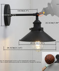 Black Industrial Wall Sconce With 8.1 Inch Metal Shade Vintage Retro Vibe 1 Light Wall Lamp 180 Degree Adjustable Direction E26 Base Compatible Bulbs Up To 40W Dimmable With Compatible Dimmer Bulbs Bulb Not Included, showing dimensions.