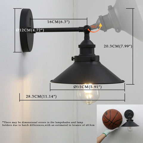 Black Industrial Wall Sconce With 8.1 Inch Metal Shade Vintage Retro Vibe 1 Light Wall Lamp 180 Degree Adjustable Direction E26 Base Compatible Bulbs Up To 40W Dimmable With Compatible Dimmer Bulbs Bulb Not Included, showing dimensions.
