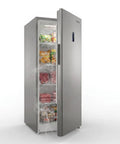 Huge 17 Cu Ft Upright Convertible Freezer And Fridge Hybrid With Four Chill Modes Auto Defrost System displaying food items inside.