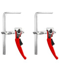 Ratcheting Table Clamp Set 2 Pack Quick Release Bar Clamps with 6 5 16 Inch Capacity in silver Cr-V steel with red grips.