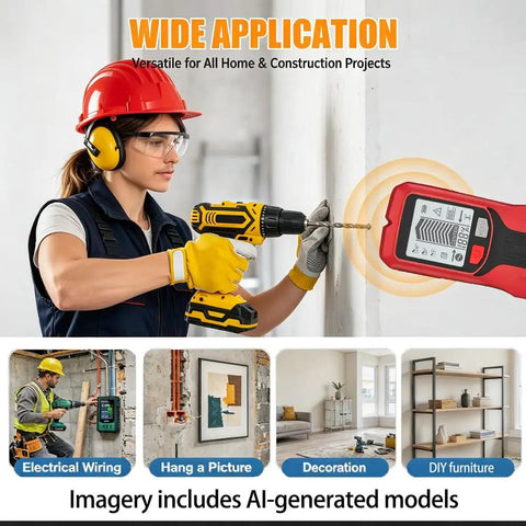Person using Stud Finder Wall Scanner 5 in 1-Electronic Stud Detector with LCD Display while drilling into a wall.