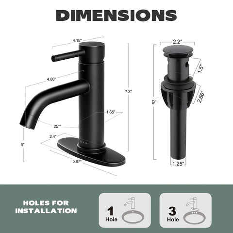 Dimensions of Brushed Nickel Stainless Steel Bathroom Faucet With Pop Up Drain Stopper And Deck Plate, Single Handle.