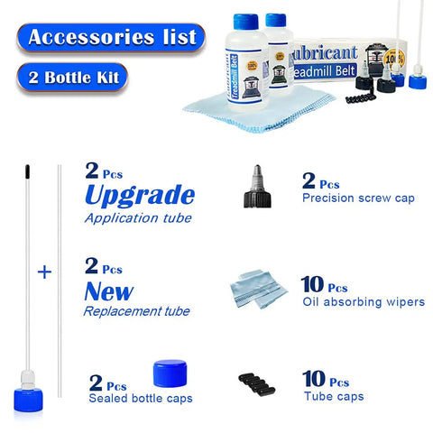 Silicone Treadmill Belt Lubricant Kit With 8.4 Oz Bottle, application tubes, precision caps, cloths, accessories list