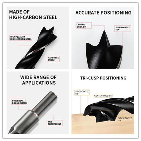 Pro 6 Pc Woodworking Drill Bit Set With Precision Three Point Hole Opener and Punching Tool for Electric or Hand Drills, details of bits.